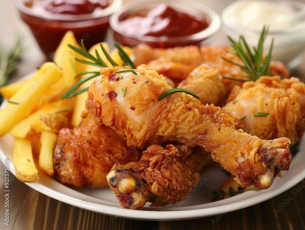 Crispy fried chicken drumsticks served on a white plate Crispy fried chicken drumsticks served on a white plate