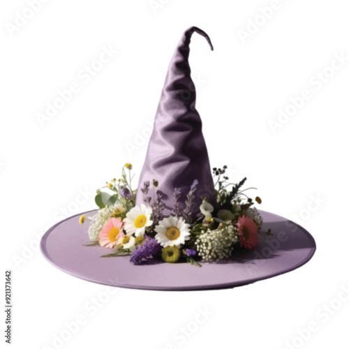 A beautiful lavender color witch hat adorn with  colorful flower isolated on white vector illustration 