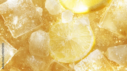 Refreshing lemon drink with ice cubes in a sunny setting