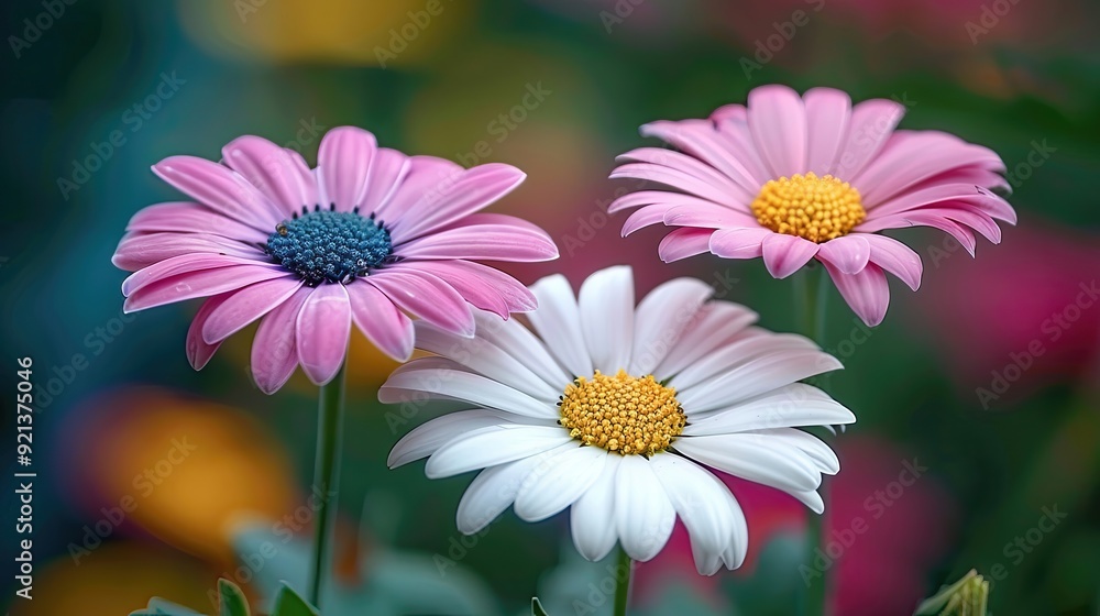 Fototapeta premium Three pink and white flowers are in a garden