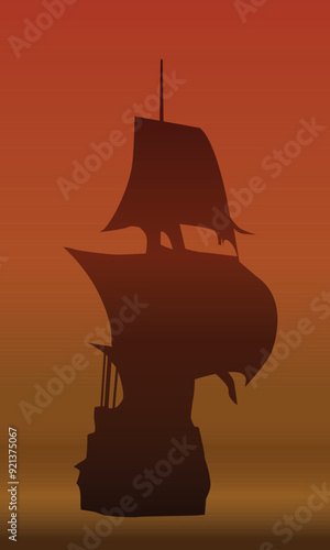Silhouette of a sailboat on an orange background. Vector illustration for decorating your designs and interiors in a marine style