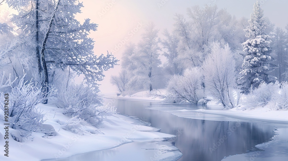 Obraz premium Winter landscape with a frozen river and snow-covered trees at dawn