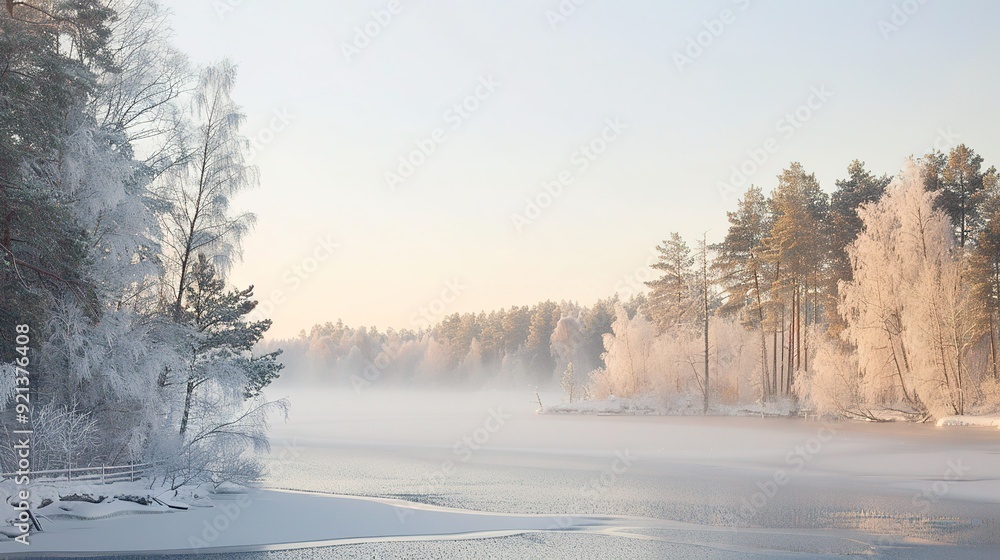 Winter morning mist envelops a tranquil river surrounded by frosty trees in a serene landscape Winter morning mist envelops a tranquil river surrounded by frosty trees in a serene landscape