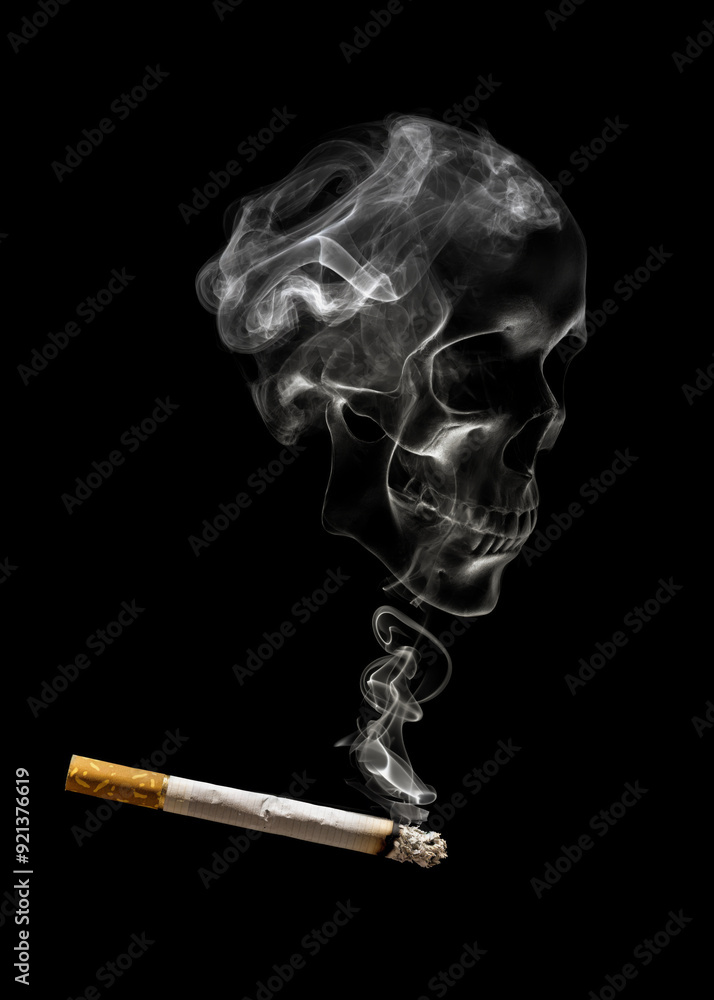 Cigarette with smoke in shape of skull above. Smoking health risks concept. Generative AI Cigarette with smoke in shape of skull above. Smoking health risks concept. Generative AI