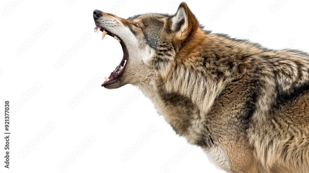 Obraz premium A wild wolf howls passionately against a white background capturing its fierce energy and natural beauty
