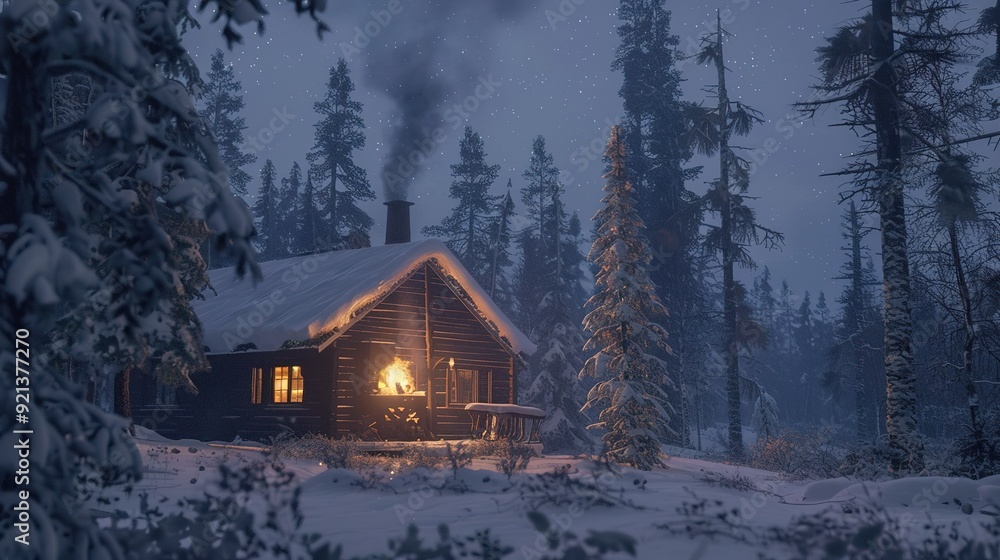 Cozy cabin in the snowy forest at dusk with smoke rising from the ...
