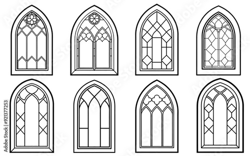 Gothic windows outline set. Silhouette of vintage stained glass church frames. Element of traditional european architecture. Vector