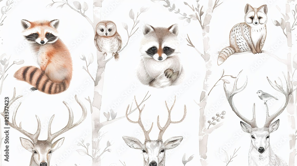 Fototapeta premium Cartoon animals including a raccoon, owl, fox, and deer illustrated against a light background with trees and foliage