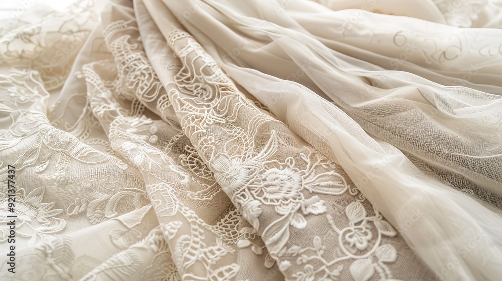 Elegant lace and tulle fabrics draped together on a soft surface in natural light Elegant lace and tulle fabrics draped together on a soft surface in natural light