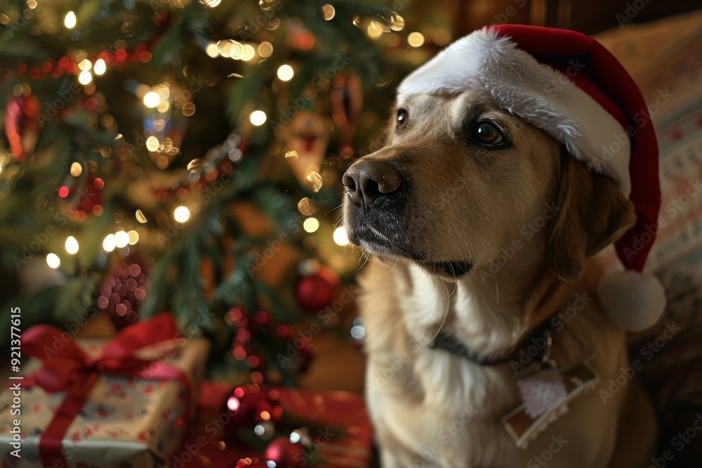 Dog in Santa hat with decorated Christmas tree background Dog in Santa hat with decorated Christmas tree background