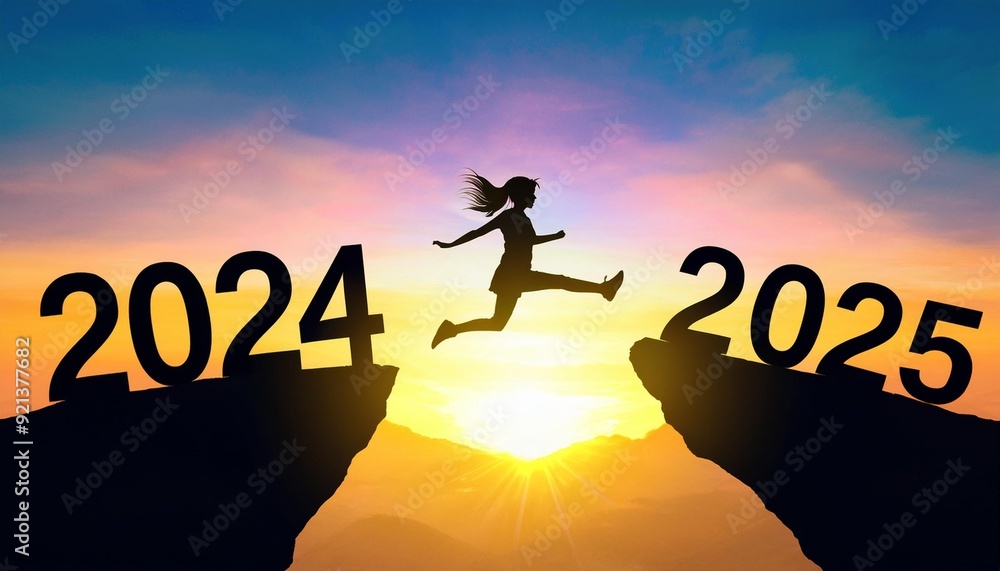 Merry Christmas and Happy new year 2025. A young girl jump between 2024 and 2025 years over the sun and through on the gap of hill silhouette, evening yellow sky. High quality image Merry Christmas and Happy new year 2025. A young girl jump between 2024 and 2025 years over the sun and through on the gap of hill silhouette, evening yellow sky. High quality image
