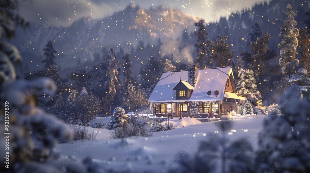 A cozy cabin in a snowy landscape during twilight, surrounded by tall evergreen trees and mountains A cozy cabin in a snowy landscape during twilight, surrounded by tall evergreen trees and mountains