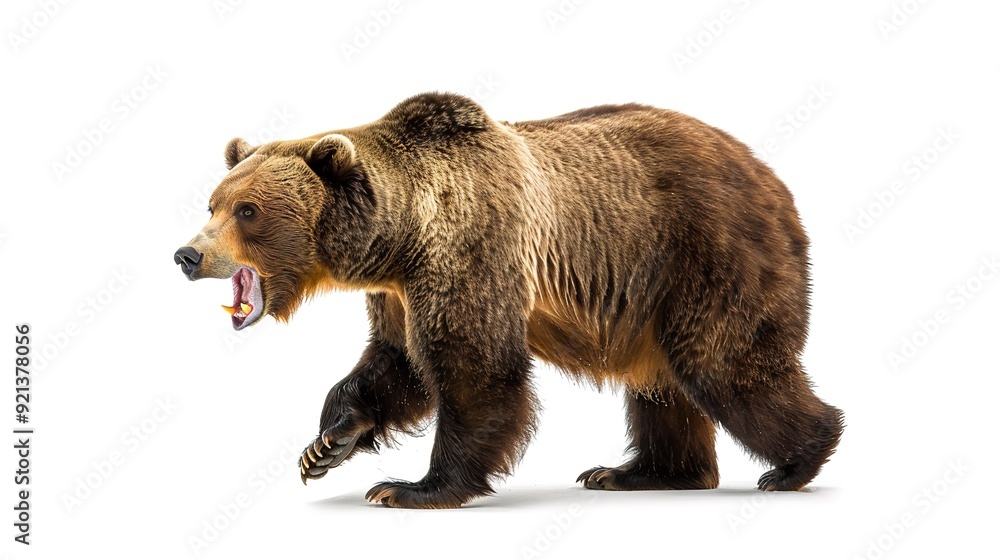 Fototapeta premium A brown bear roaring while walking against a white background