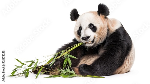 A giant panda sits while eating bamboo in a playful pose on a bright white background