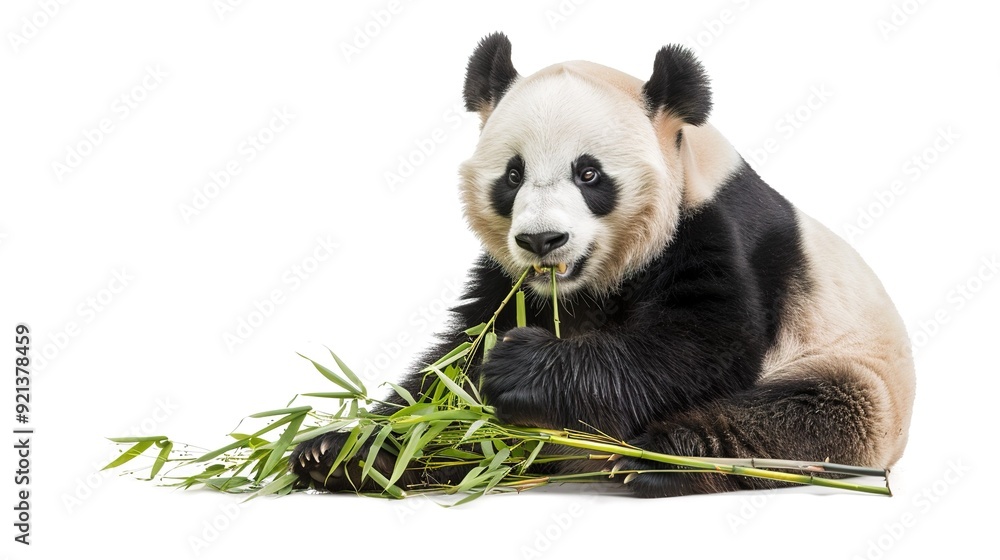 Giant panda sitting and eating bamboo in a natural setting Giant panda sitting and eating bamboo in a natural setting