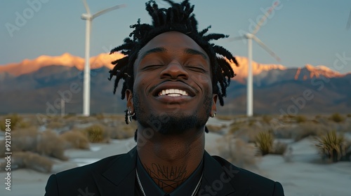A man with dreadlocks is smiling in front of a wind farm