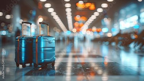 Two blue suitcases are sitting on a wet floor in a dimly lit airport