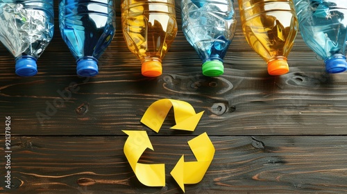 A row of plastic bottles are lined up on a wooden surface with a yellow paper re