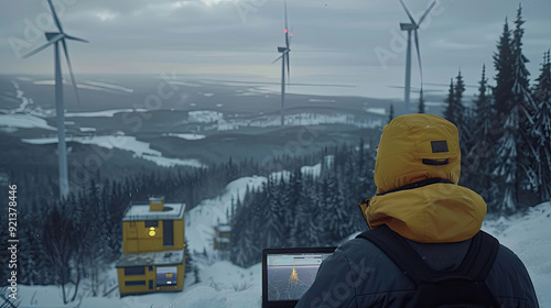 A man is looking out over a snowy landscape with a yellow hat on