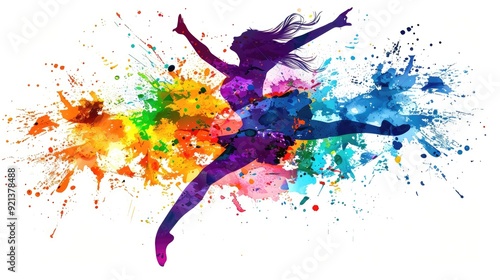 A woman is dancing in a colorful splash of paint