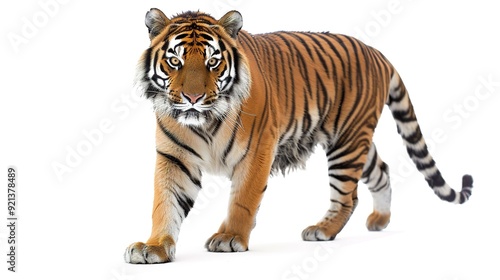 A majestic tiger walking gracefully on a white background