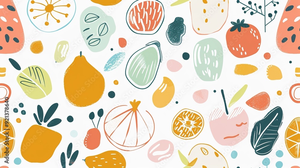 Bright and colorful abstract pattern featuring fruits and leaves on a white background, showcasing a cheerful design Bright and colorful abstract pattern featuring fruits and leaves on a white background, showcasing a cheerful design