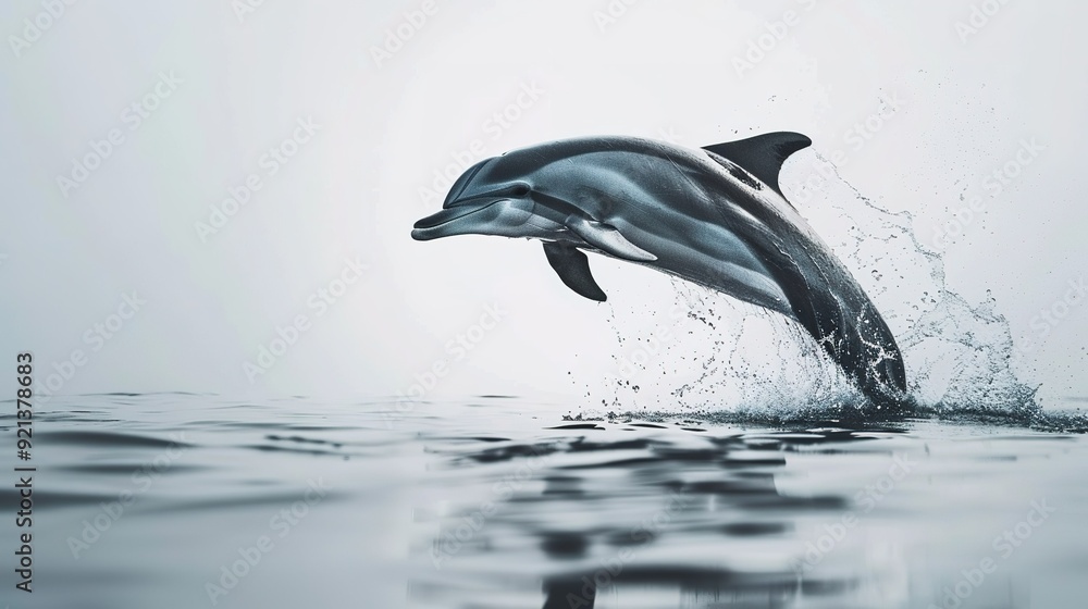 Fototapeta premium Dolphin jumping over calm ocean water during sunset near a coastal area