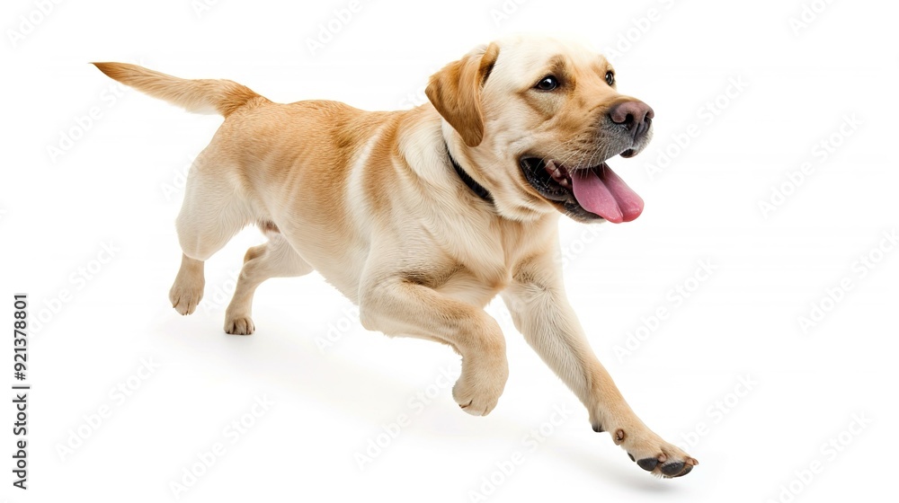 Happy Labrador retriever running playfully in a bright, white studio environment Happy Labrador retriever running playfully in a bright, white studio environment