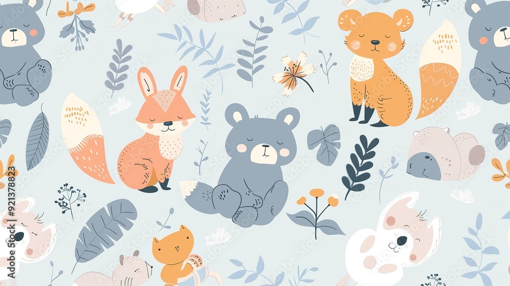 Obraz premium Cute woodland animal pattern on light blue background featuring foxes, bears, and other creatures among leaves and flowers