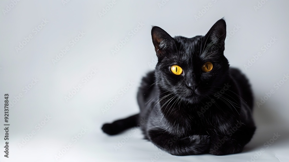 A black cat with striking golden eyes lounging on a neutral background in a calm indoor setting A black cat with striking golden eyes lounging on a neutral background in a calm indoor setting