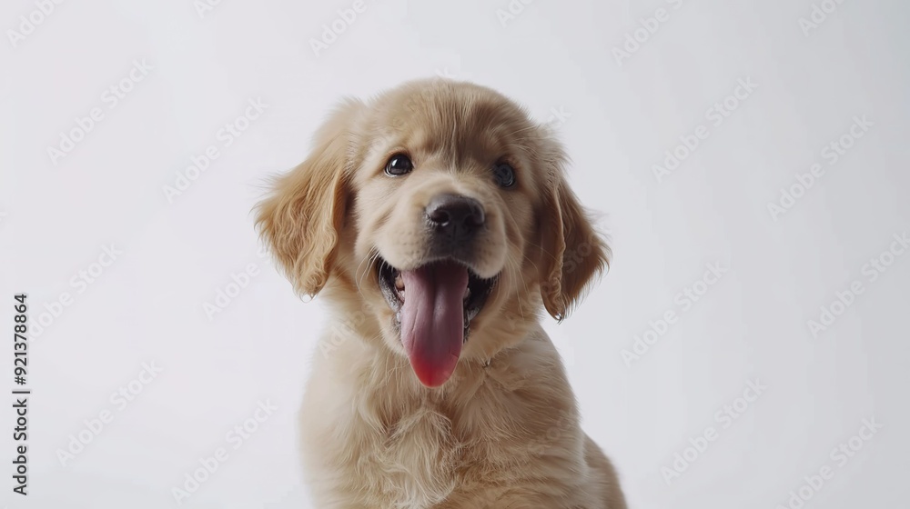 A playful golden retriever puppy smiles happily against a plain background A playful golden retriever puppy smiles happily against a plain background