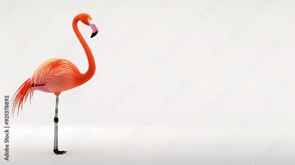 Fototapeta premium A solitary flamingo stands gracefully against a plain background, showcasing its vibrant plumage and elegant pose