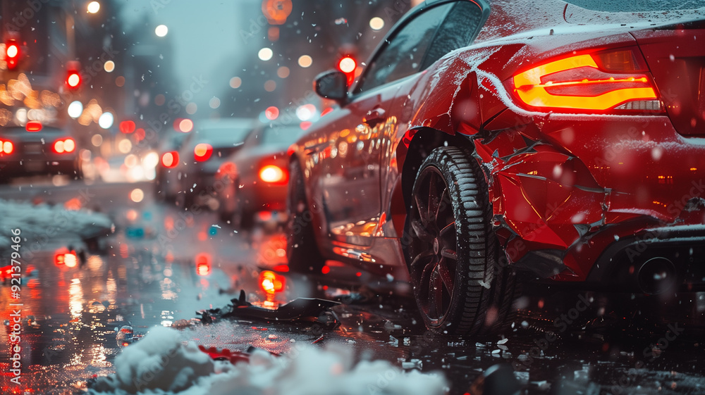 A damaged red car sits abandoned in a snowy city street, its taillights still glowing faintly. A damaged red car sits abandoned in a snowy city street, its taillights still glowing faintly.