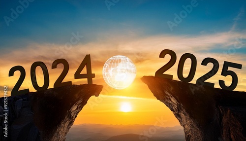 Merry Christmas and Happy new year 2025. A sun jump between 2024 and 2025 years over the sun and through on the gap of hill silhouette, evening yellow sky. High quality image