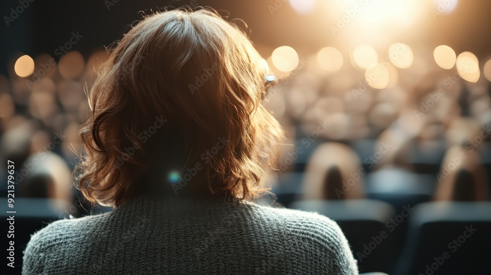 A person with curly hair, wearing a sweater, is seen from behind as they observe a presentation or performance in a dimly lit auditorium, with lights focused on the stage. A person with curly hair, wearing a sweater, is seen from behind as they observe a presentation or performance in a dimly lit auditorium, with lights focused on the stage.