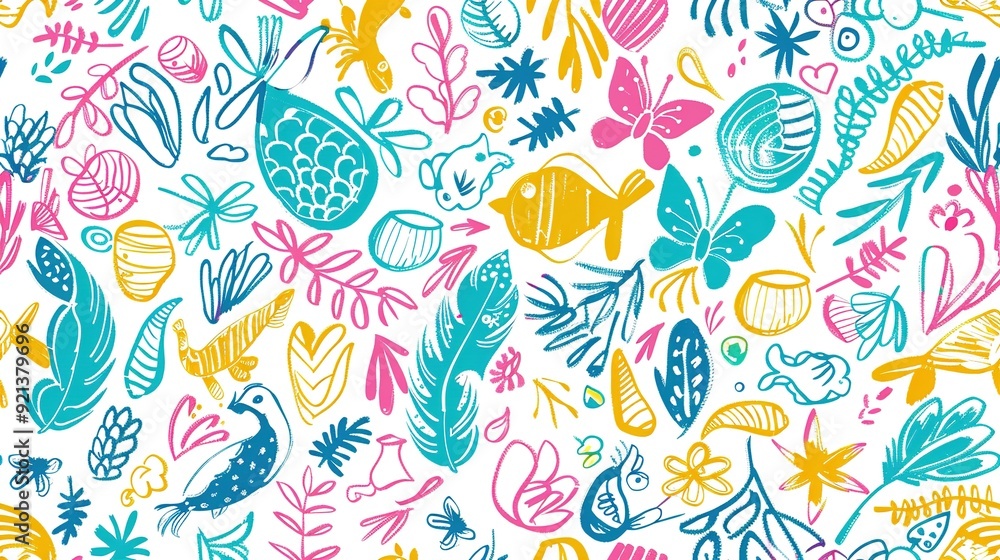 Colorful abstract pattern featuring birds, fish, and flowers on a white background showcasing lively artistry Colorful abstract pattern featuring birds, fish, and flowers on a white background showcasing lively artistry
