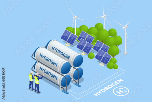 Isometric Hydrogen fuel car charging station with two dispensers for H2 vehicles. Hydrogen powered transportation. Green energy