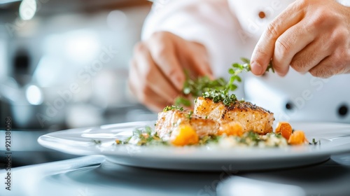 A professional chef meticulously garnishes a beautifully plated gourmet dish with fresh herbs, showcasing culinary skills and the art of fine dining in a high-end kitchen setting. photo