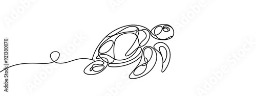 One continuous line drawing of wild sea turtle for water aquatic park logo identity. Cute ocean reptile animal mascot concept for environment organization. Single line draw vector design illustration