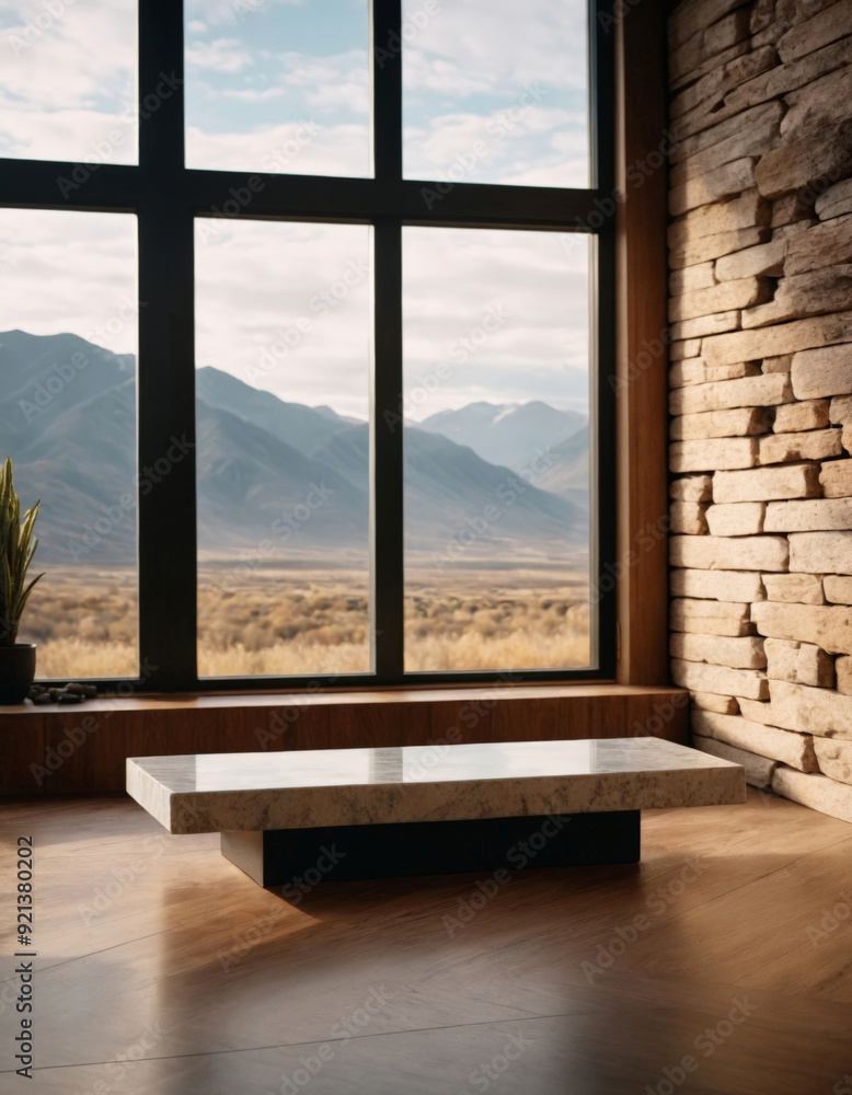 Fototapeta premium Large Marble Table by the Window with Mountain View