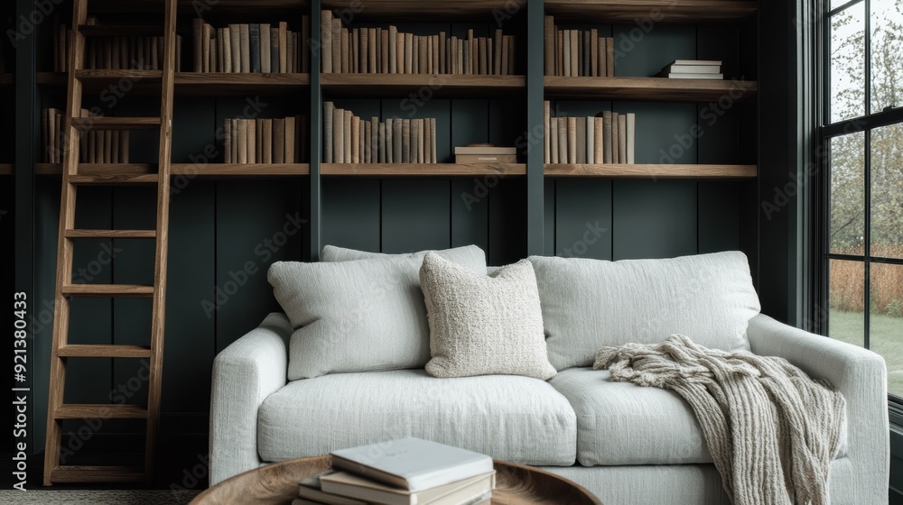 A cozy living room features a large bookshelf with a ladder, a comfy white sofa adorned with pillows, and a coffee table with books, creating a warm, inviting atmosphere. A cozy living room features a large bookshelf with a ladder, a comfy white sofa adorned with pillows, and a coffee table with books, creating a warm, inviting atmosphere.