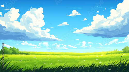 A Serene Cartoon Anime Scene Depicting Rolling Grassy Fields Beneath a Summer Sky Filled with Fluffy White Clouds Moving in the Wind, Perfect for Use in Travel Brochures or Seasonal Art Prints