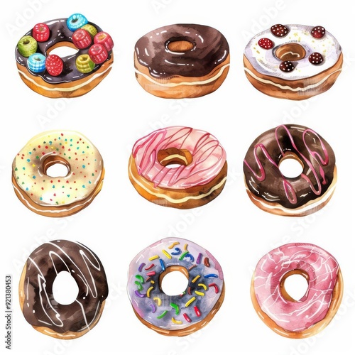 Collection of donuts, including jellyfilled, chocolate glazed, and classic ring, vibrant watercolor details, cottagecore aesthetic, sticker clipart, isolated on white background photo