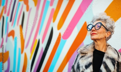 Portrait of an eccentric elderly lady with stylish glasses stading at a colorful wall of art