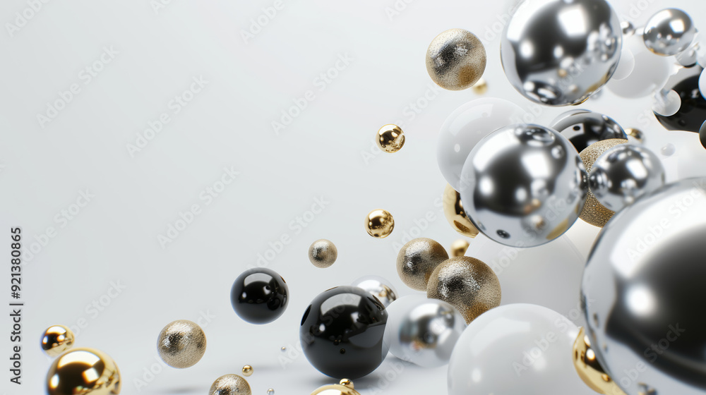 Minimalistic 3D render with contemporary background featuring silver, gold, and white balls and spheres. Minimalistic 3D render with contemporary background featuring silver, gold, and white balls and spheres.