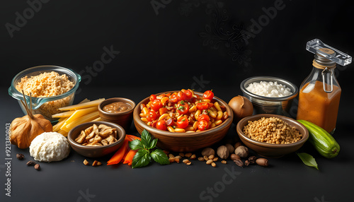 Arabic food assortment on dark background isolated with white highlights, png photo