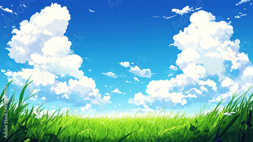 A Vibrant Cartoon Anime Illustration Featuring Lush Green Fields and a Brilliant Summer Sky with Soft White Clouds Floating in the Gentle Breeze