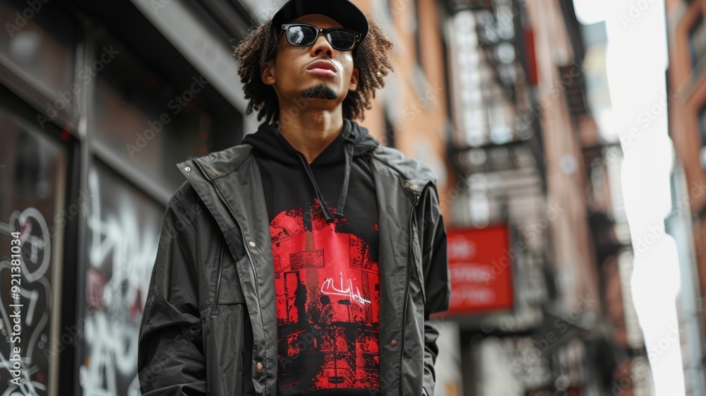 A young guy wearing streetwear and sunglasses in an urban scene in the city A young guy wearing streetwear and sunglasses in an urban scene in the city