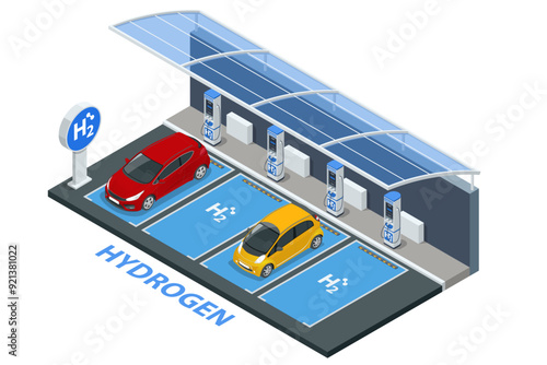 Isometric Hydrogen fuel car charging station with two dispensers for H2 vehicles. Hydrogen powered transportation. Green energy