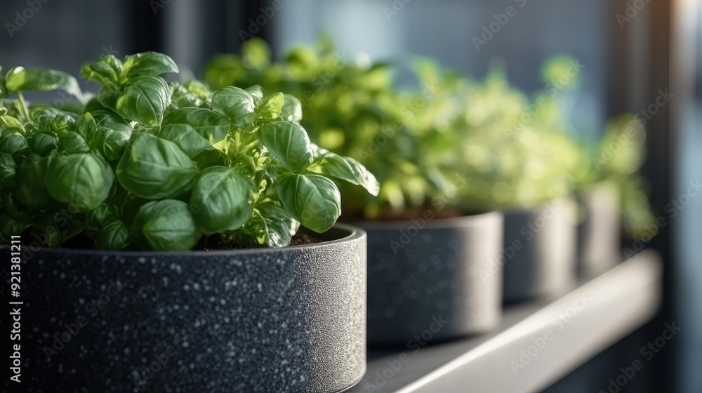 A close-up view of healthy green basil plants growing in black speckled containers, arranged indoors on a surface with soft natural light illuminating them. A close-up view of healthy green basil plants growing in black speckled containers, arranged indoors on a surface with soft natural light illuminating them.
